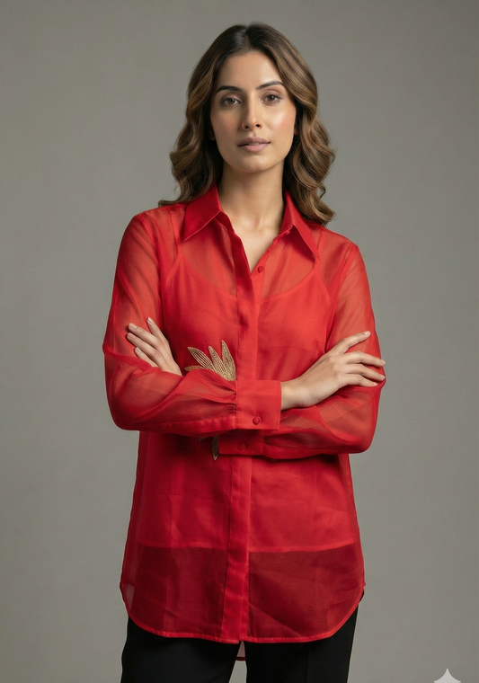 The Subtle Red Sunflower Pure Organza Shirt