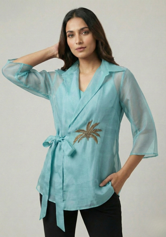 Aqua Blue Organza Wrap Shirt