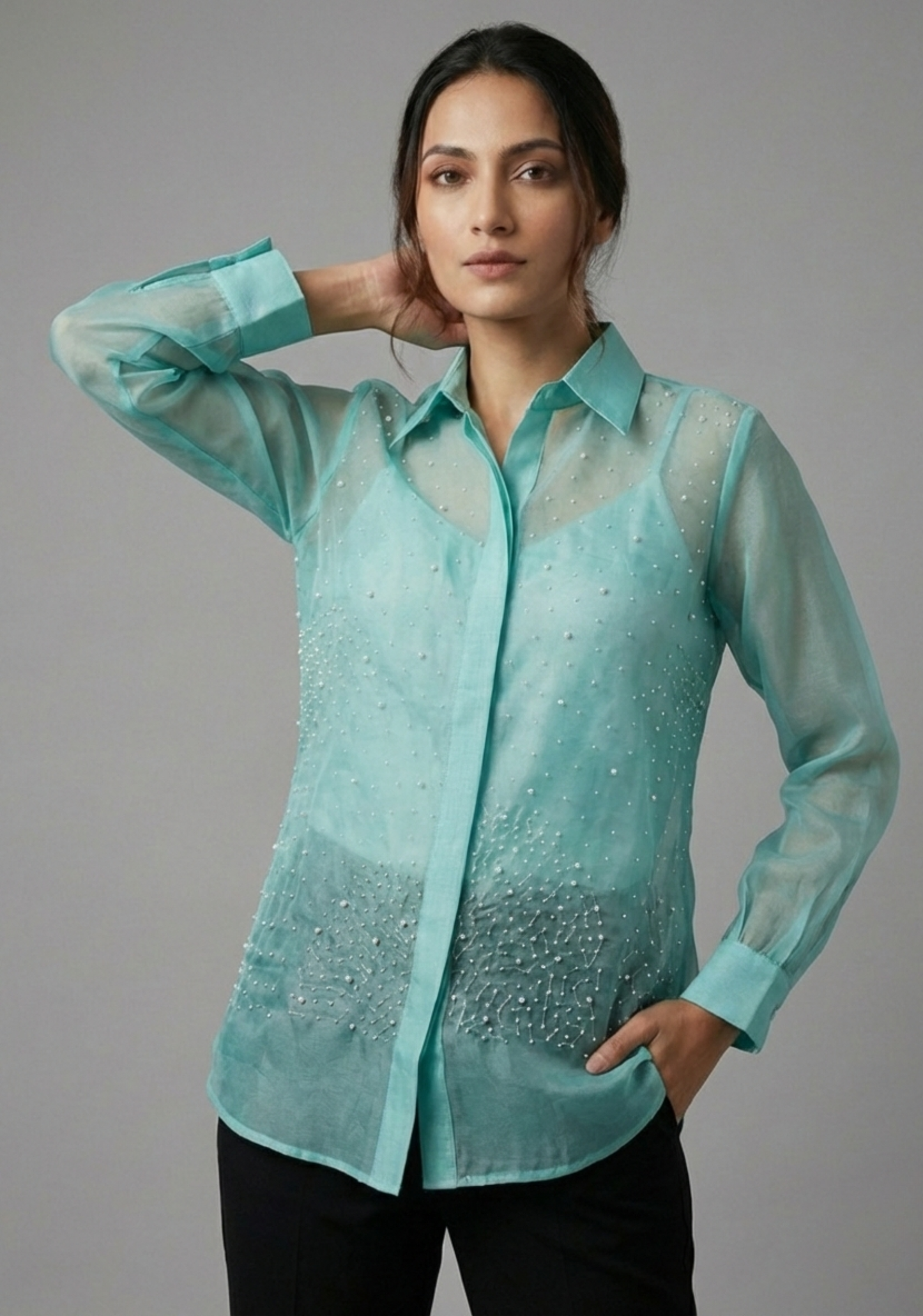 Aqua Pearl-Embellished Pure Organza Shirt
