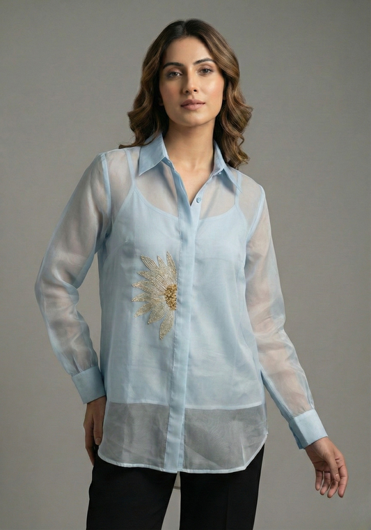The Powder Blue Sunflower Pure Organza Shirt