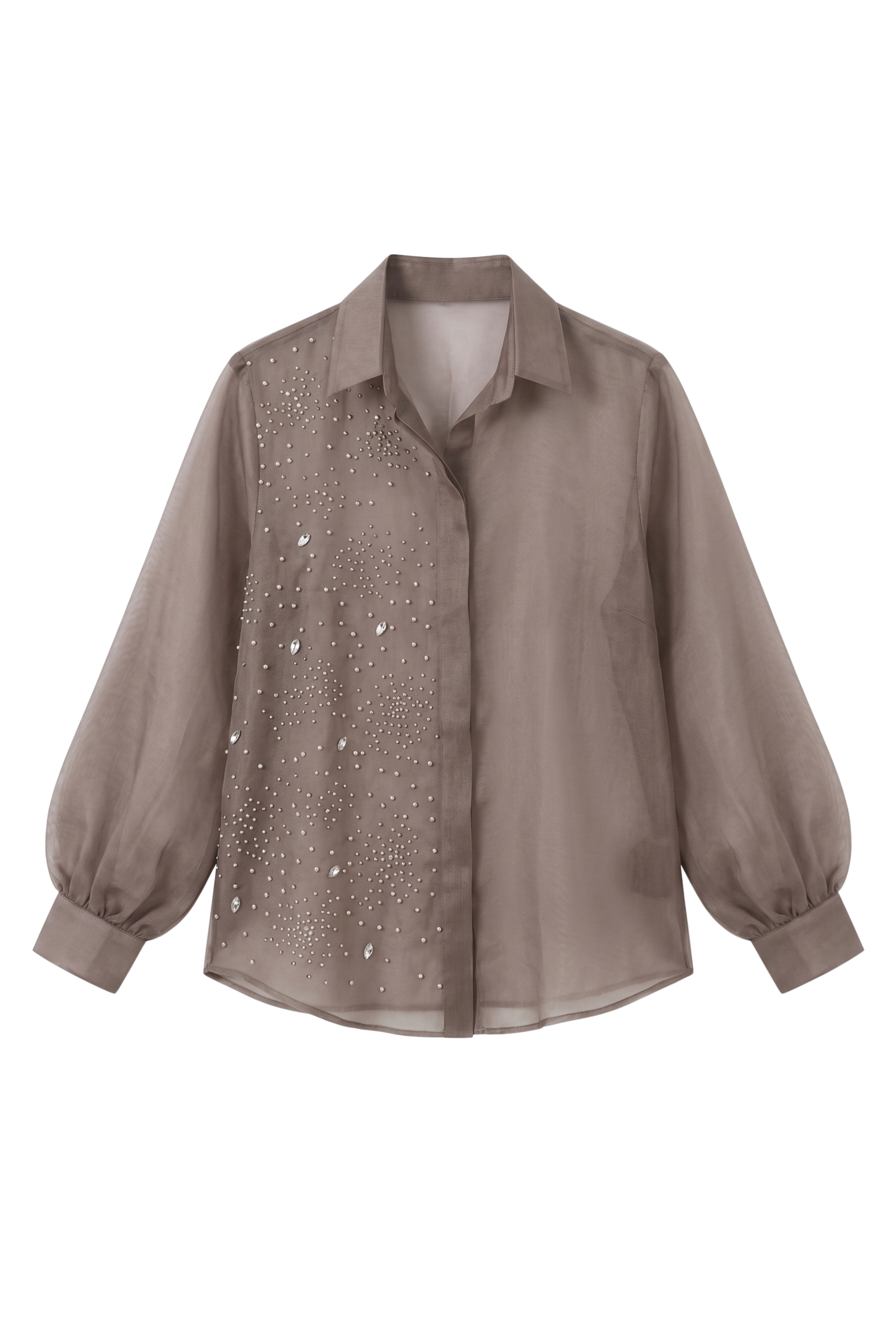 Gray Pearl-Embellished Pure Organza Shirt