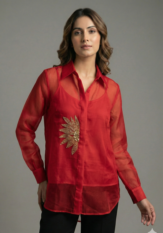 The Subtle Red Sunflower Pure Organza Shirt