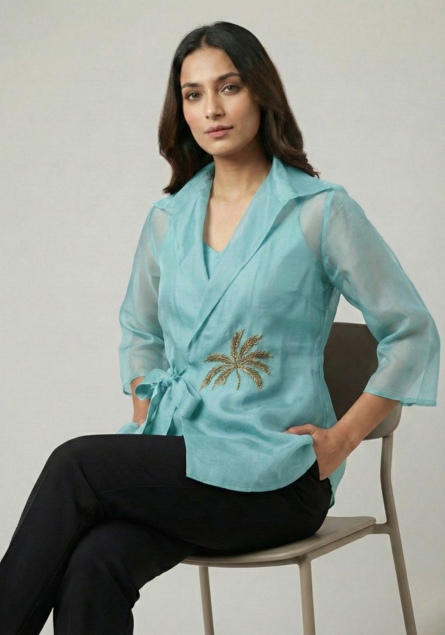 Aqua Blue Organza Wrap Shirt