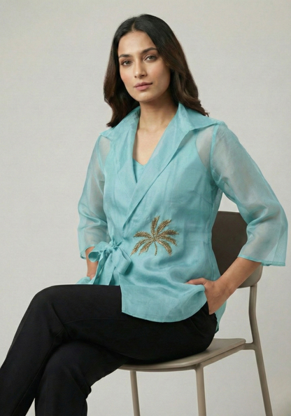 Aqua Blue Organza Wrap Shirt