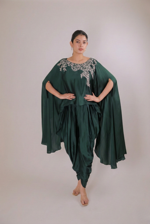 Emerald Cascade Satin Dhoti Set
