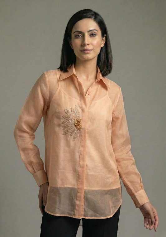 The Champagne Beige Sunflower Pure Organza Shirt