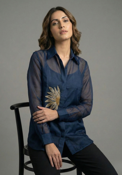 The Metallic Blue Sunflower Pure Organza Shirt
