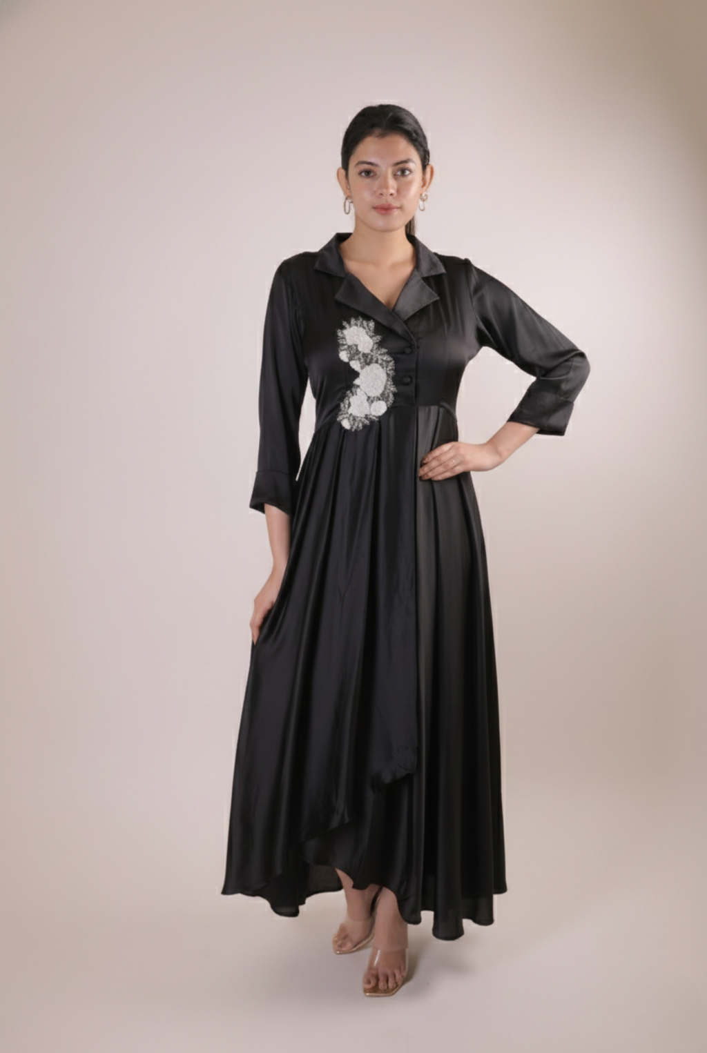 The Midnight Black Artisanal Flora Satin Frock