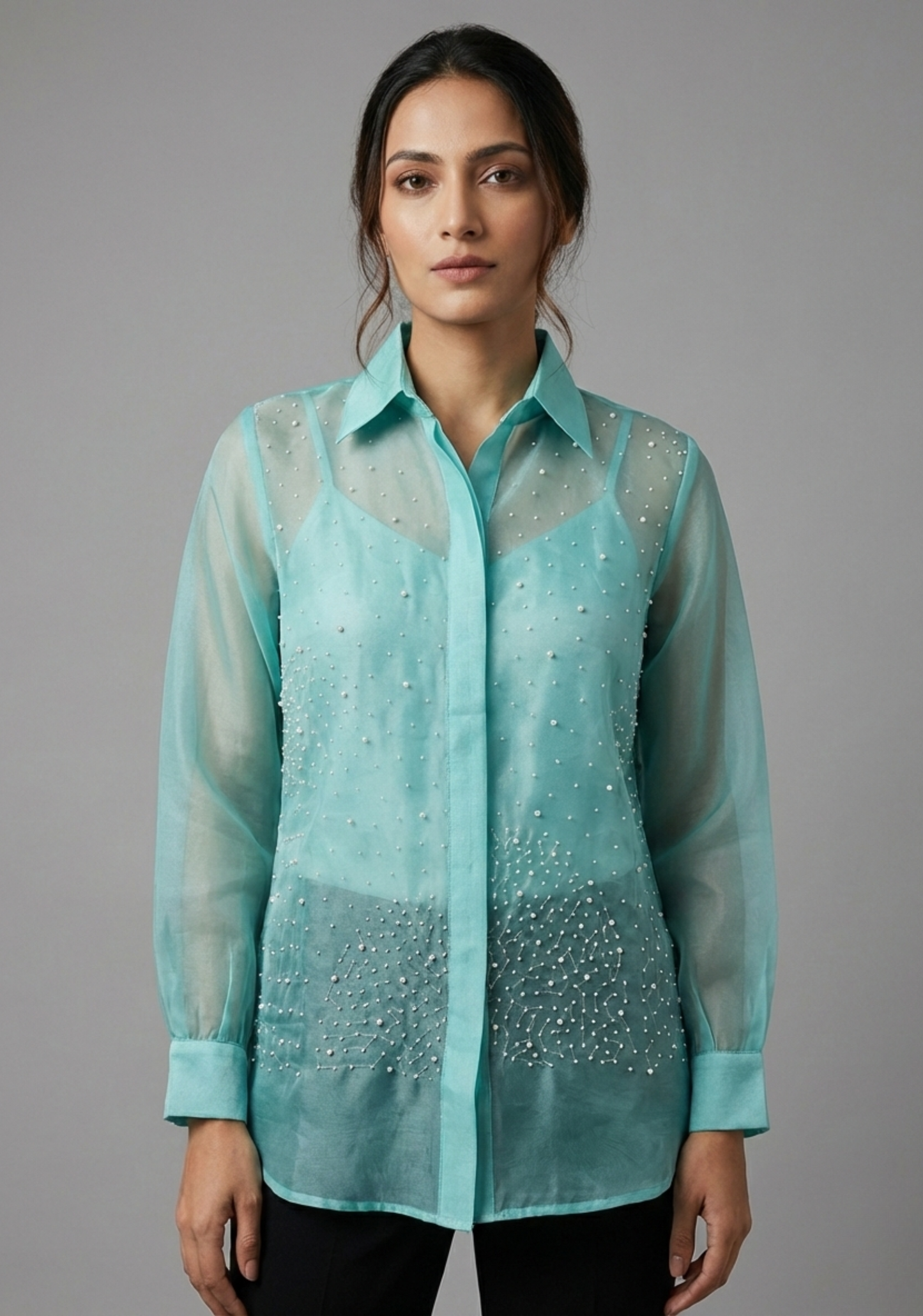 Aqua Pearl-Embellished Pure Organza Shirt