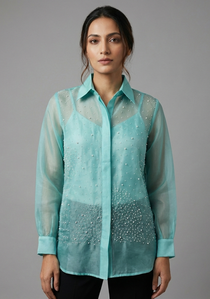 Aqua Pearl-Embellished Pure Organza Shirt