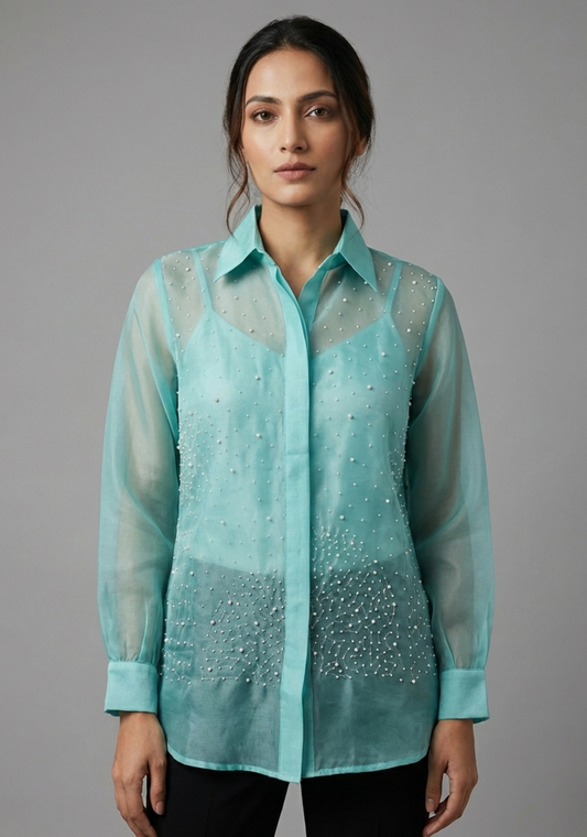 Aqua Pearl-Embellished Pure Organza Shirt