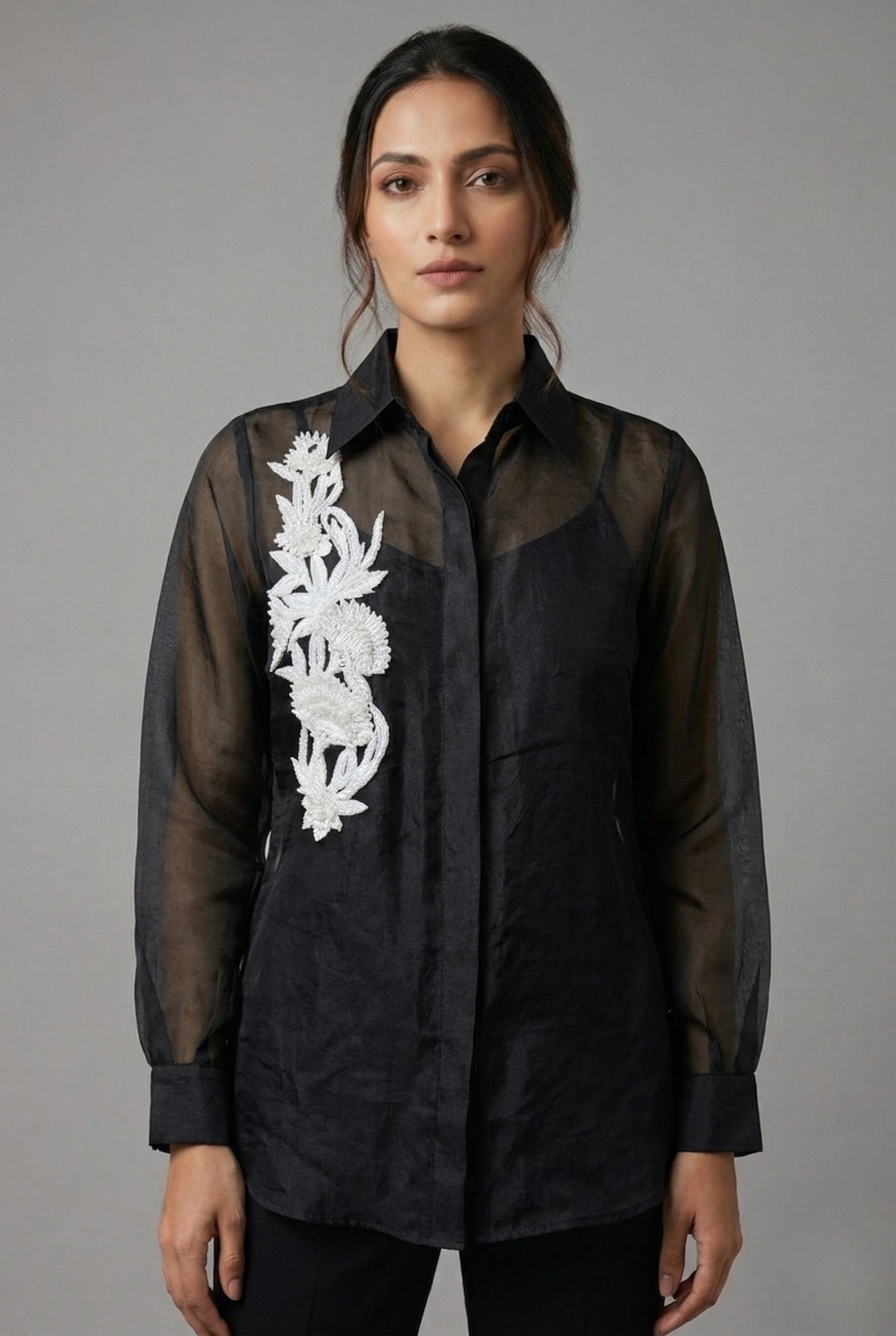 Midnight Bloom Hand-Embroidered Organza Shirt