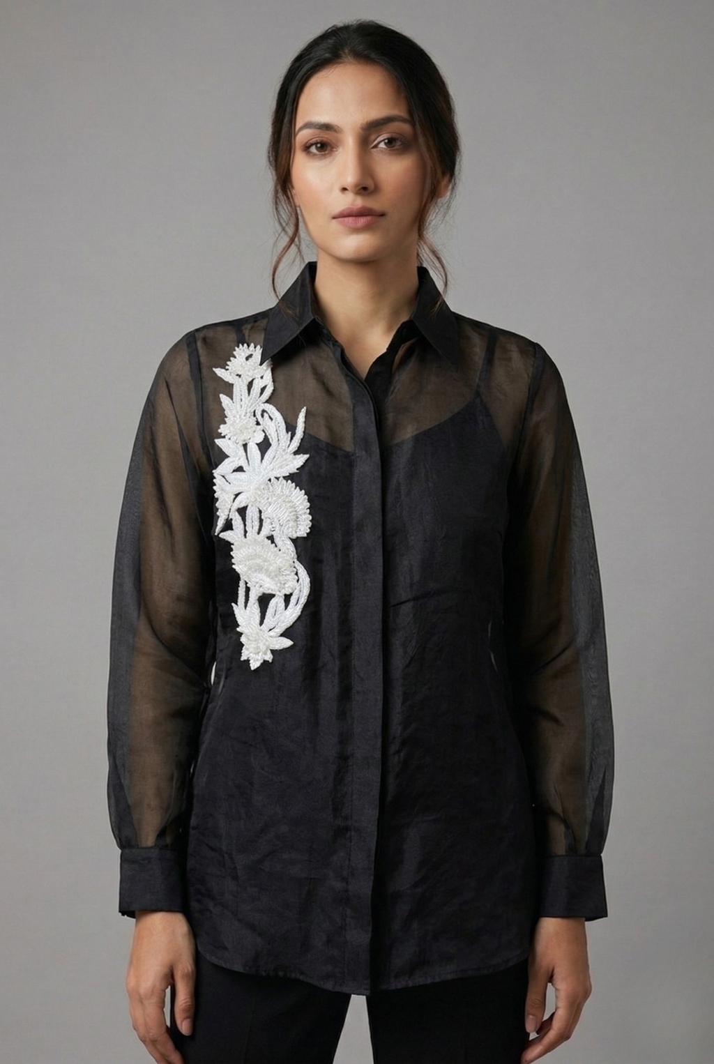 Midnight Bloom Hand-Embroidered Organza Shirt