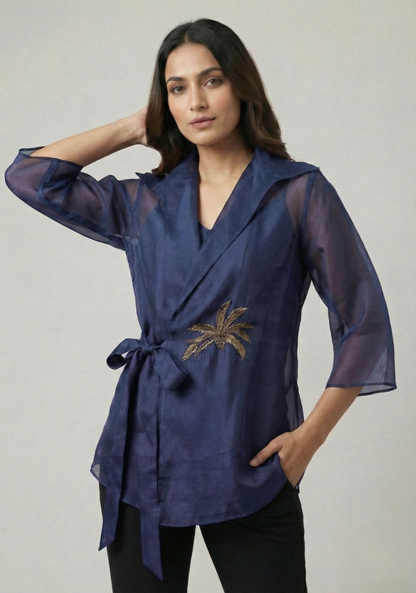 Midnight Sapphire Organza Wrap Shirt