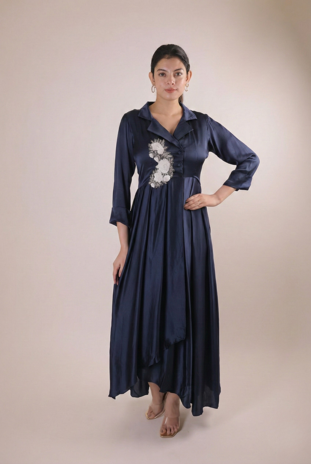 The Sapphire Navy Artisanal Flora Satin Frock