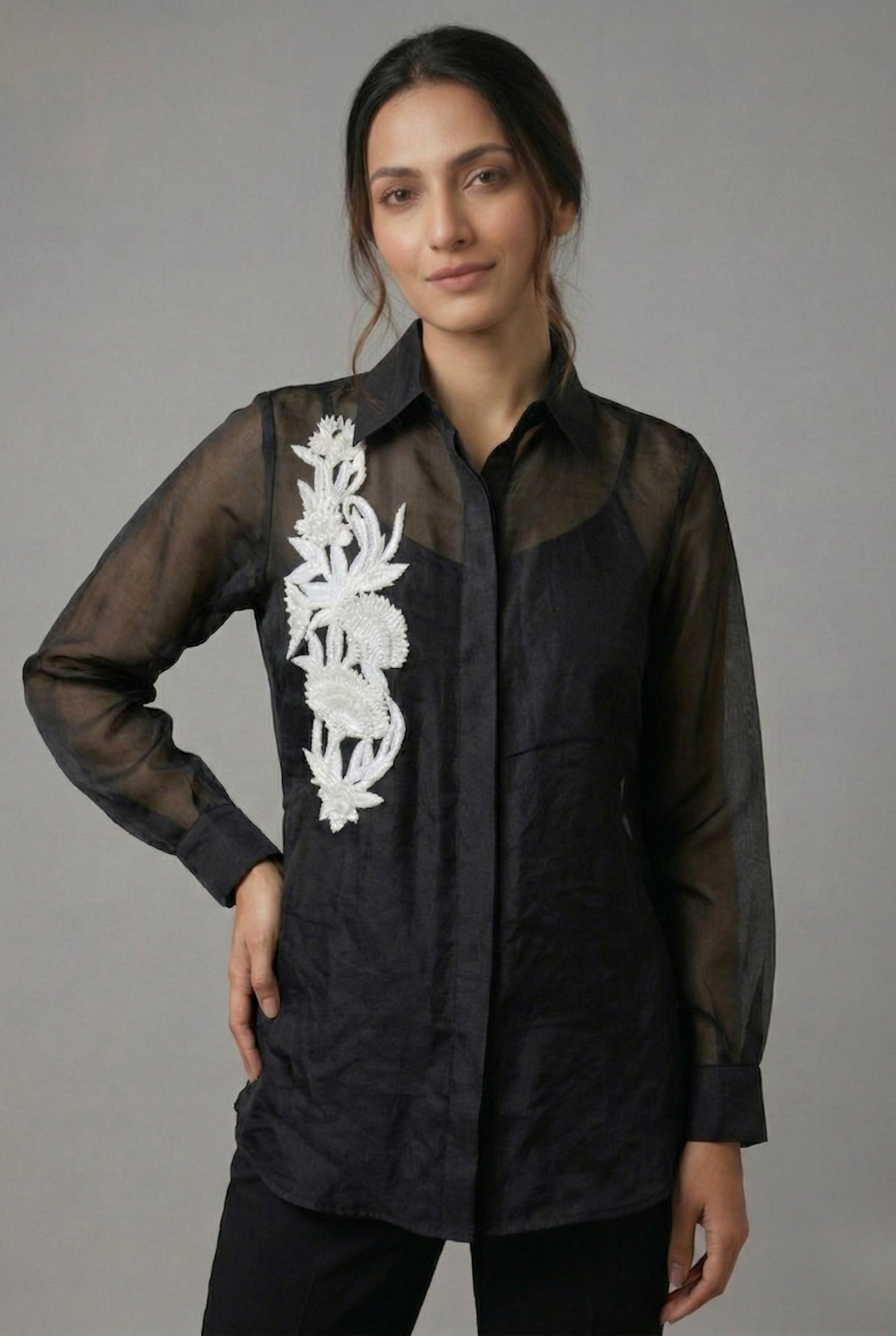 Midnight Bloom Hand-Embroidered Organza Shirt