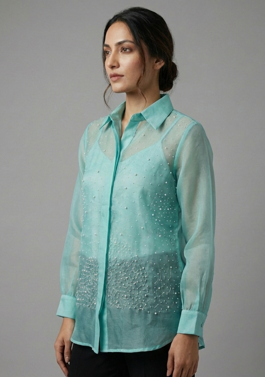 Aqua Pearl-Embellished Pure Organza Shirt
