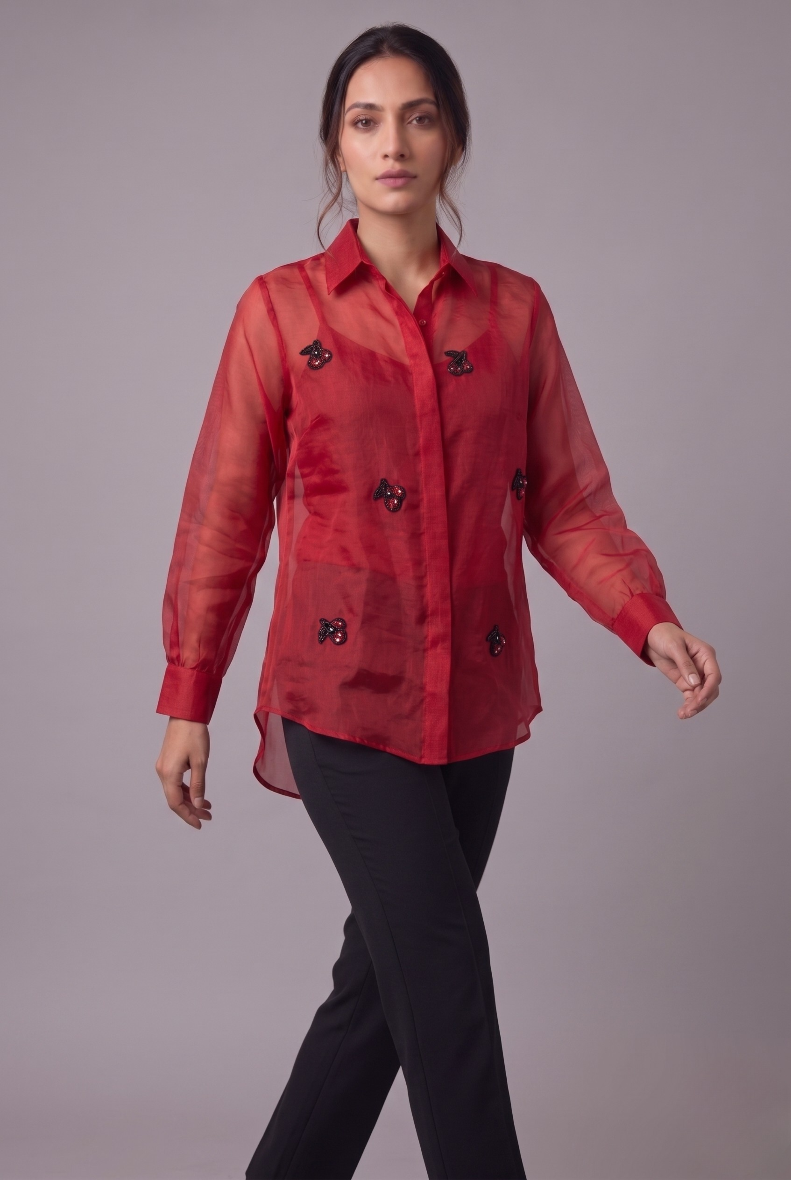 Radiant Red Cherry Embellished Sheer Shirt