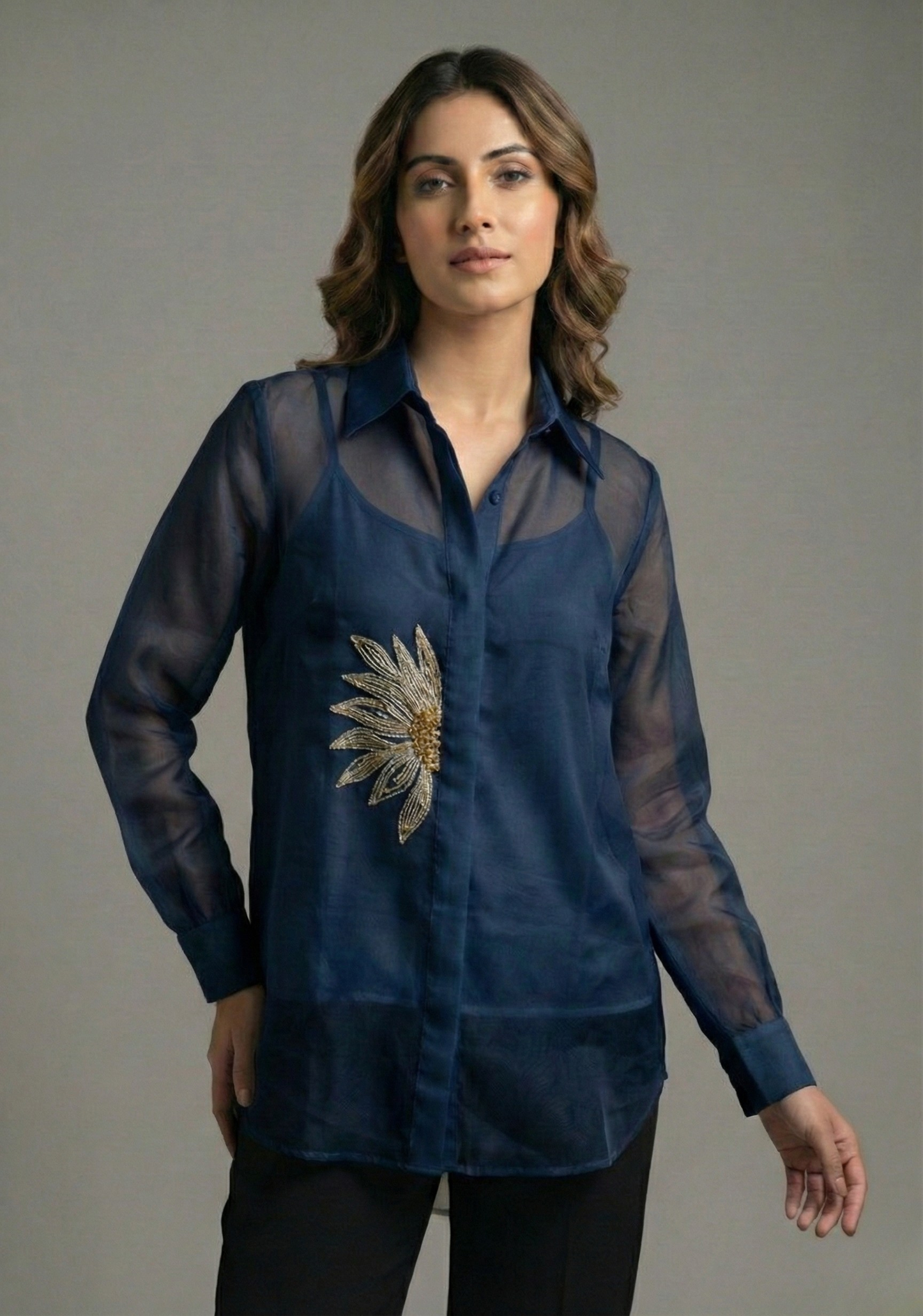The Metallic Blue Sunflower Pure Organza Shirt