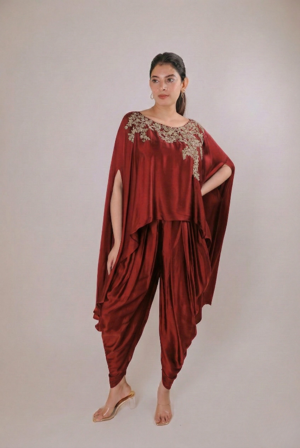 Crimson Radiance Satin Dhoti Set