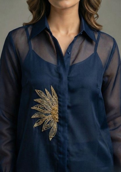 The Metallic Blue Sunflower Pure Organza Shirt
