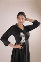 The Midnight Black Artisanal Flora Satin Frock