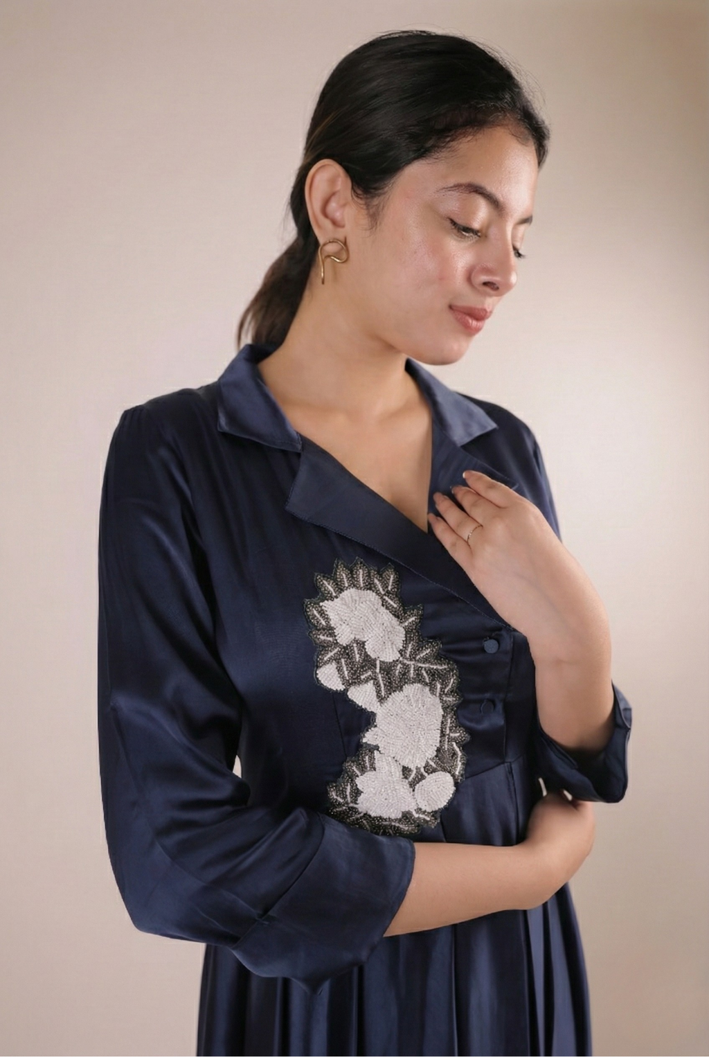 The Sapphire Navy Artisanal Flora Satin Frock