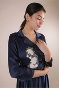 The Sapphire Navy Artisanal Flora Satin Frock