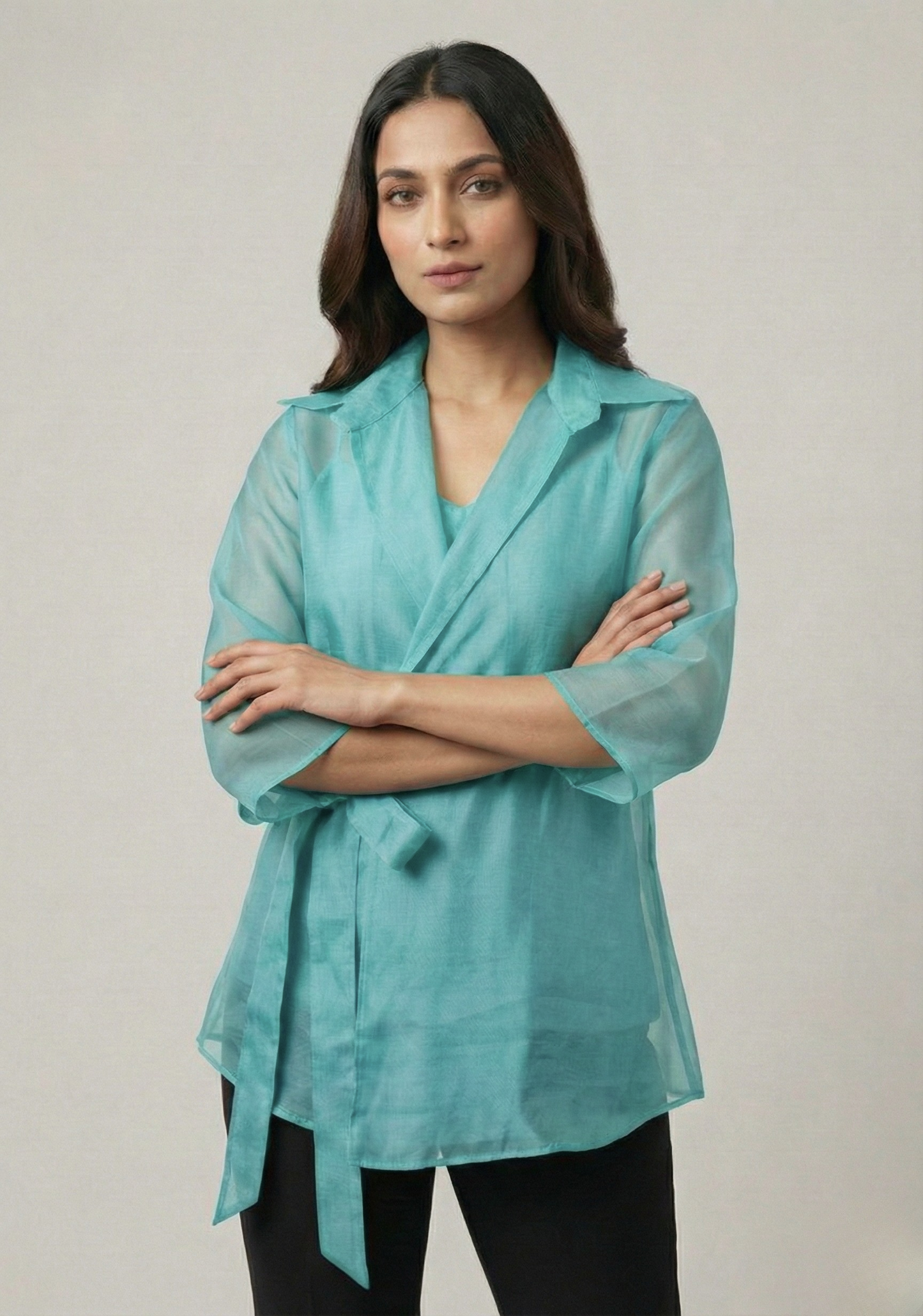 Aqua Blue Organza Wrap Shirt