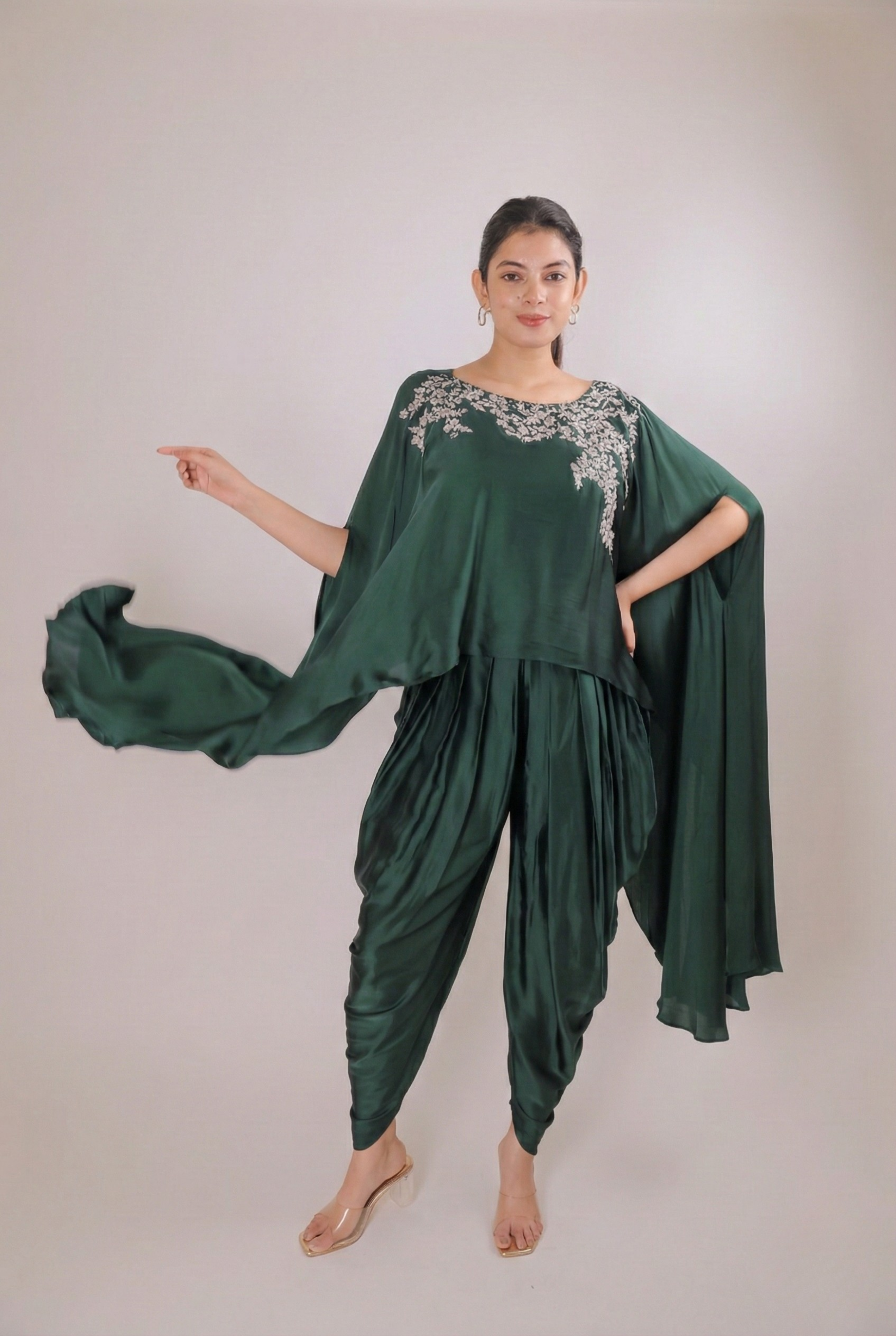 Emerald Cascade Satin Dhoti Set