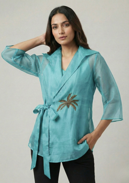 Aqua Blue Organza Wrap Shirt