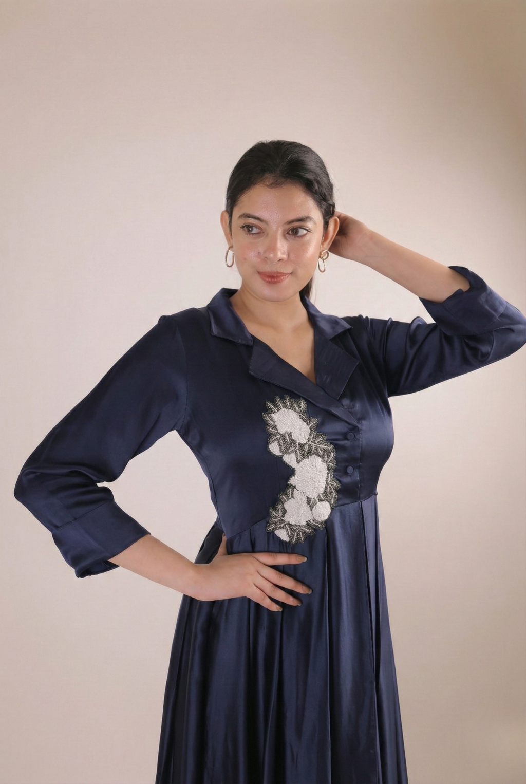 The Sapphire Navy Artisanal Flora Satin Frock
