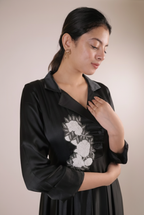 The Midnight Black Artisanal Flora Satin Frock