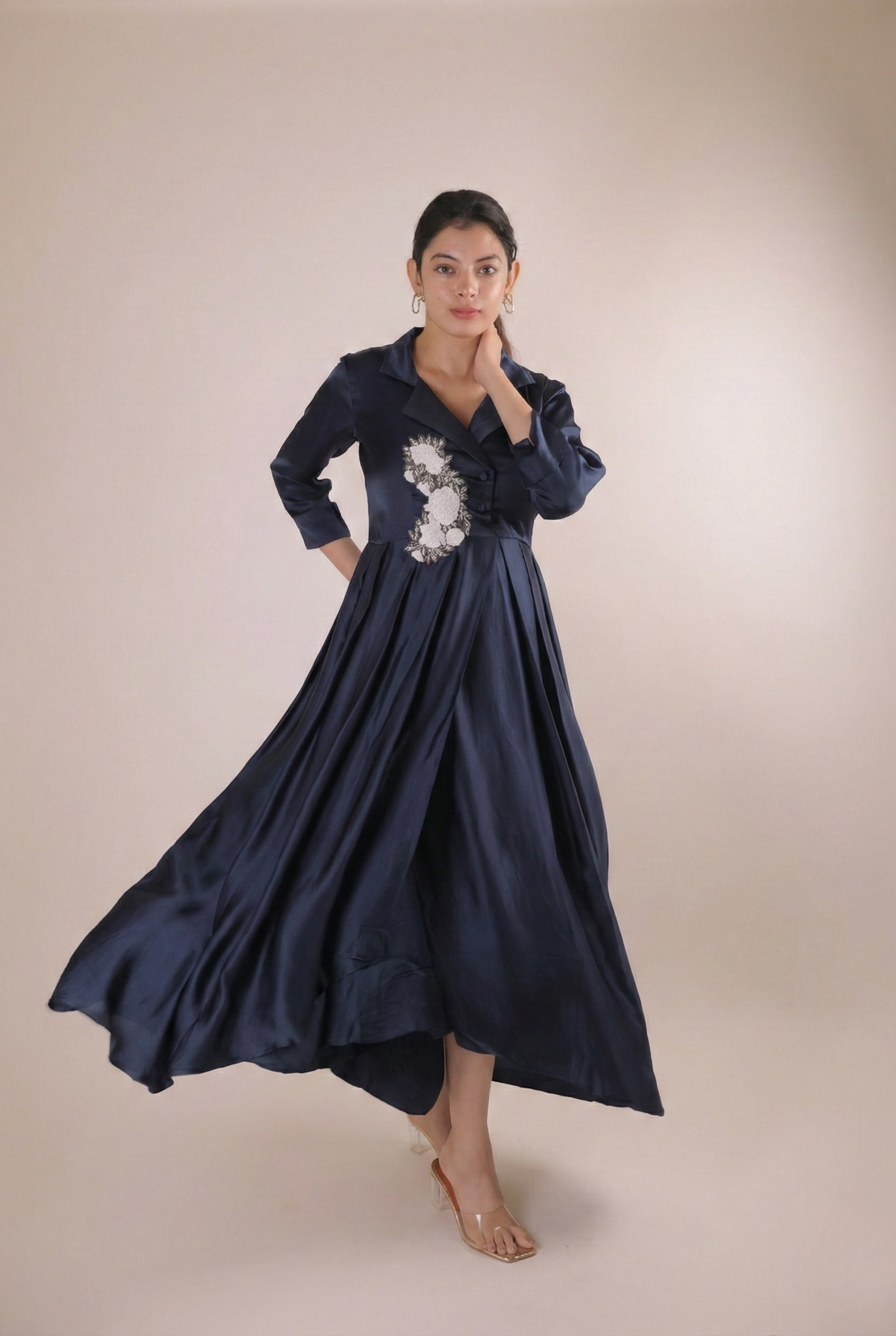 The Sapphire Navy Artisanal Flora Satin Frock