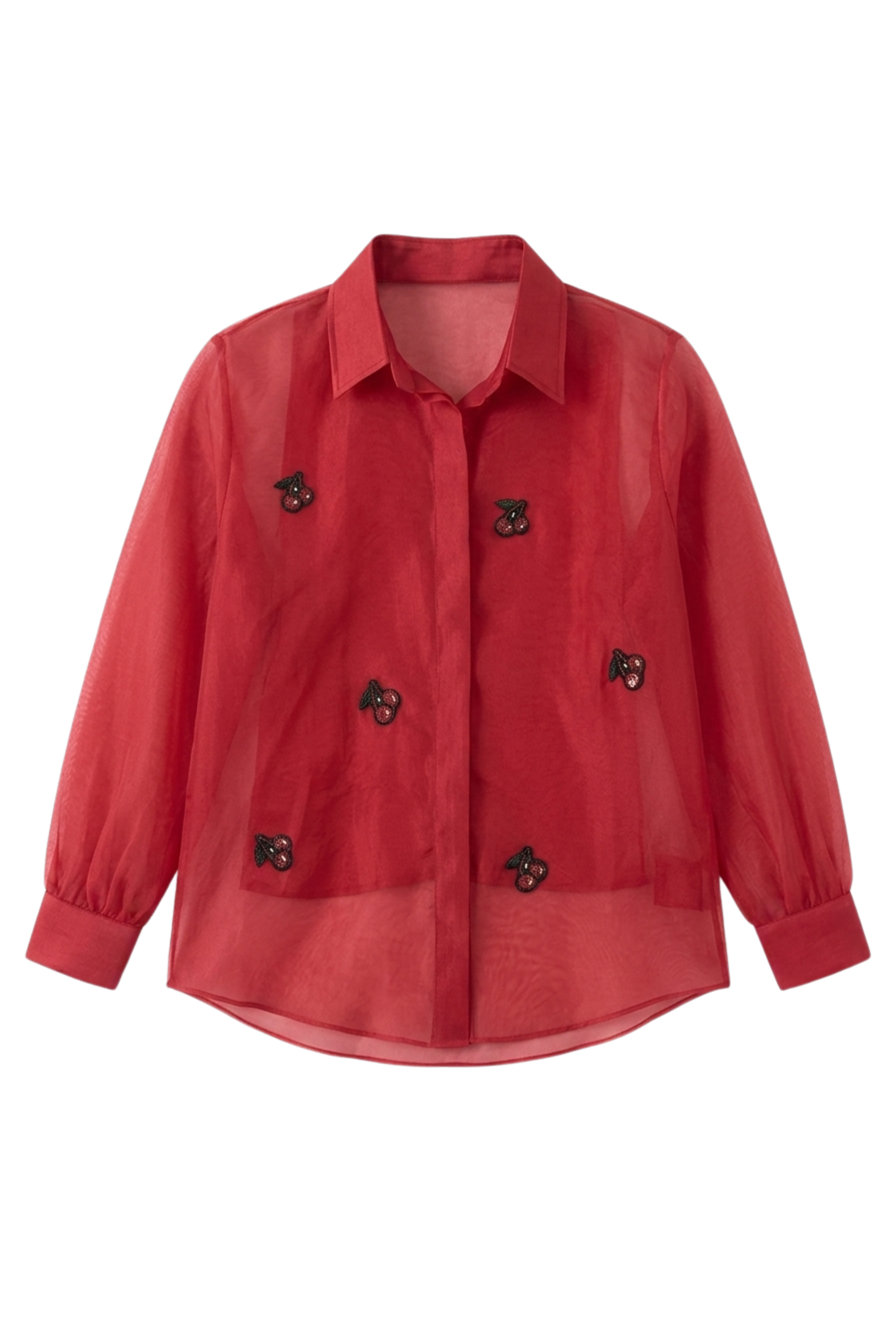 Radiant Red Cherry Embellished Sheer Shirt