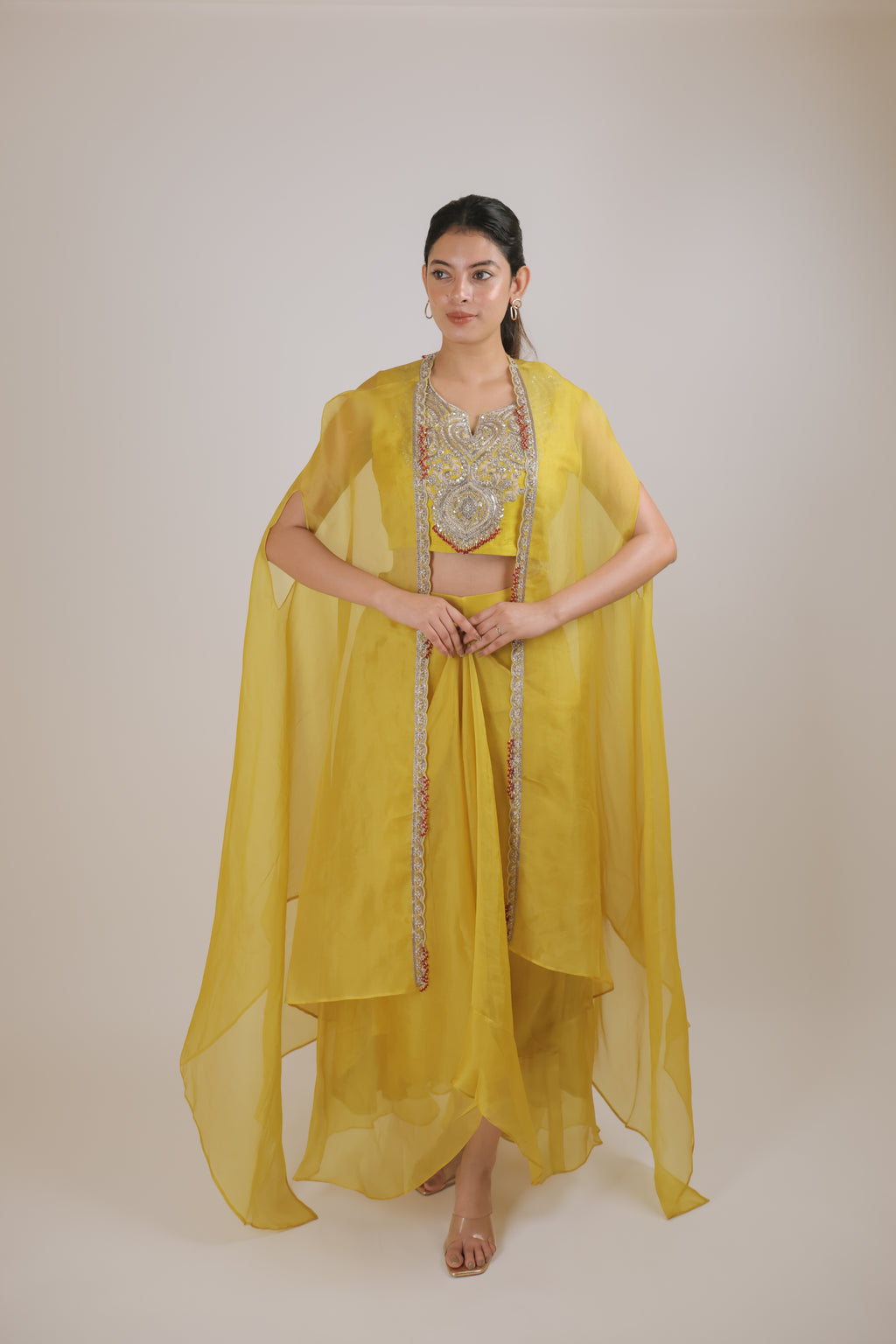 Mustard kora cape with pleated skirt