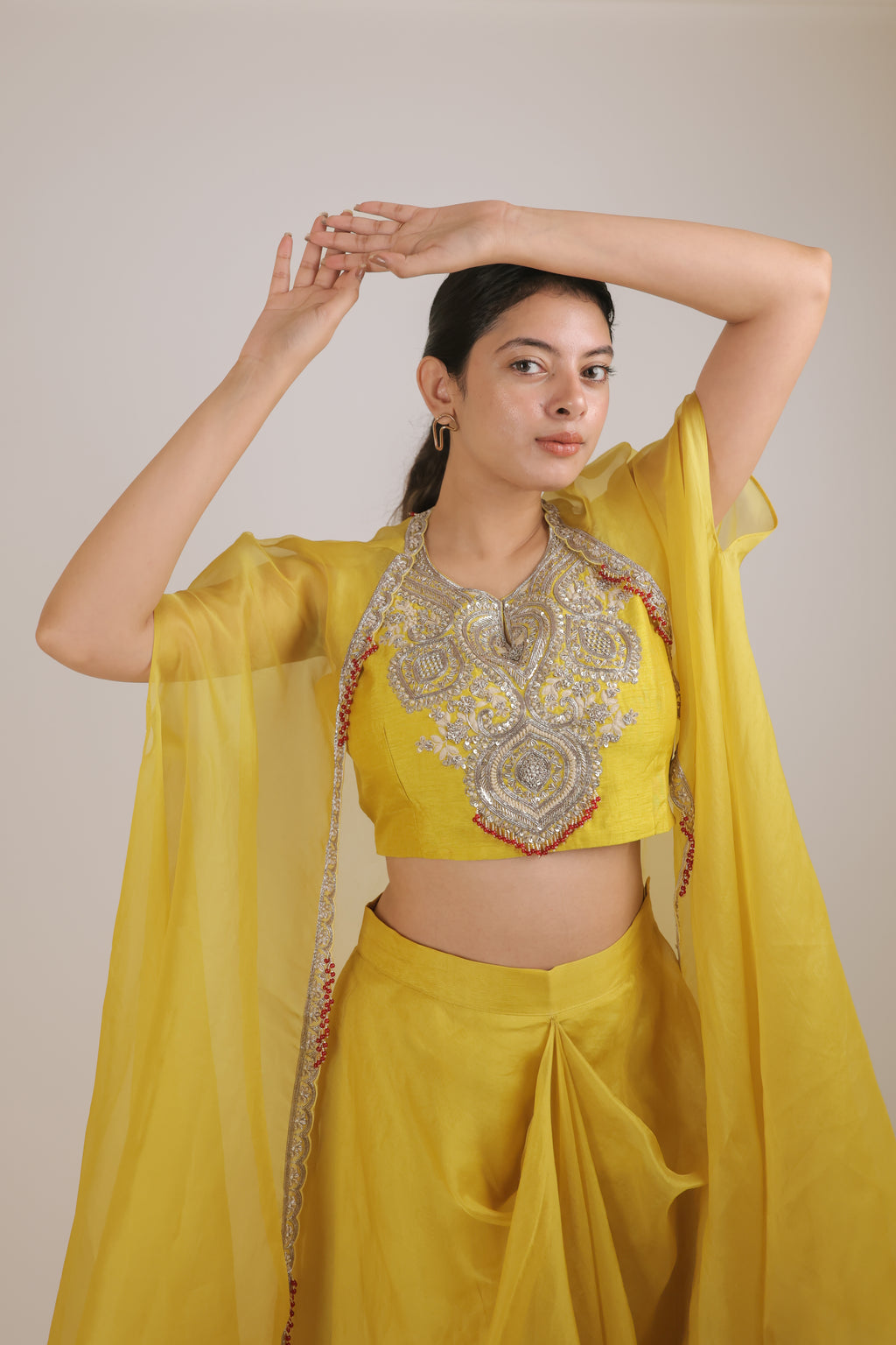 Mustard kora cape with pleated skirt