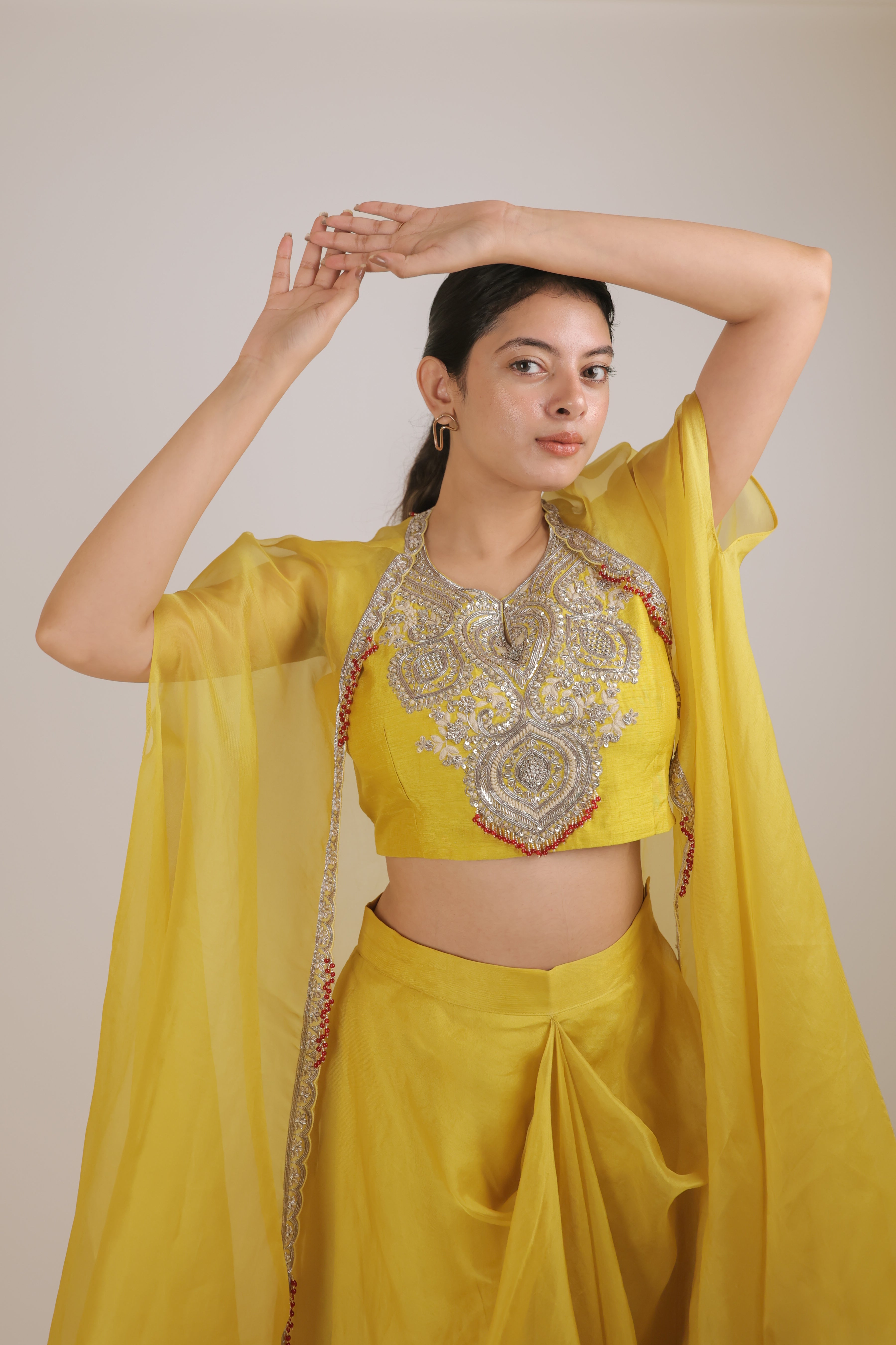 Mustard kora cape with pleated skirt