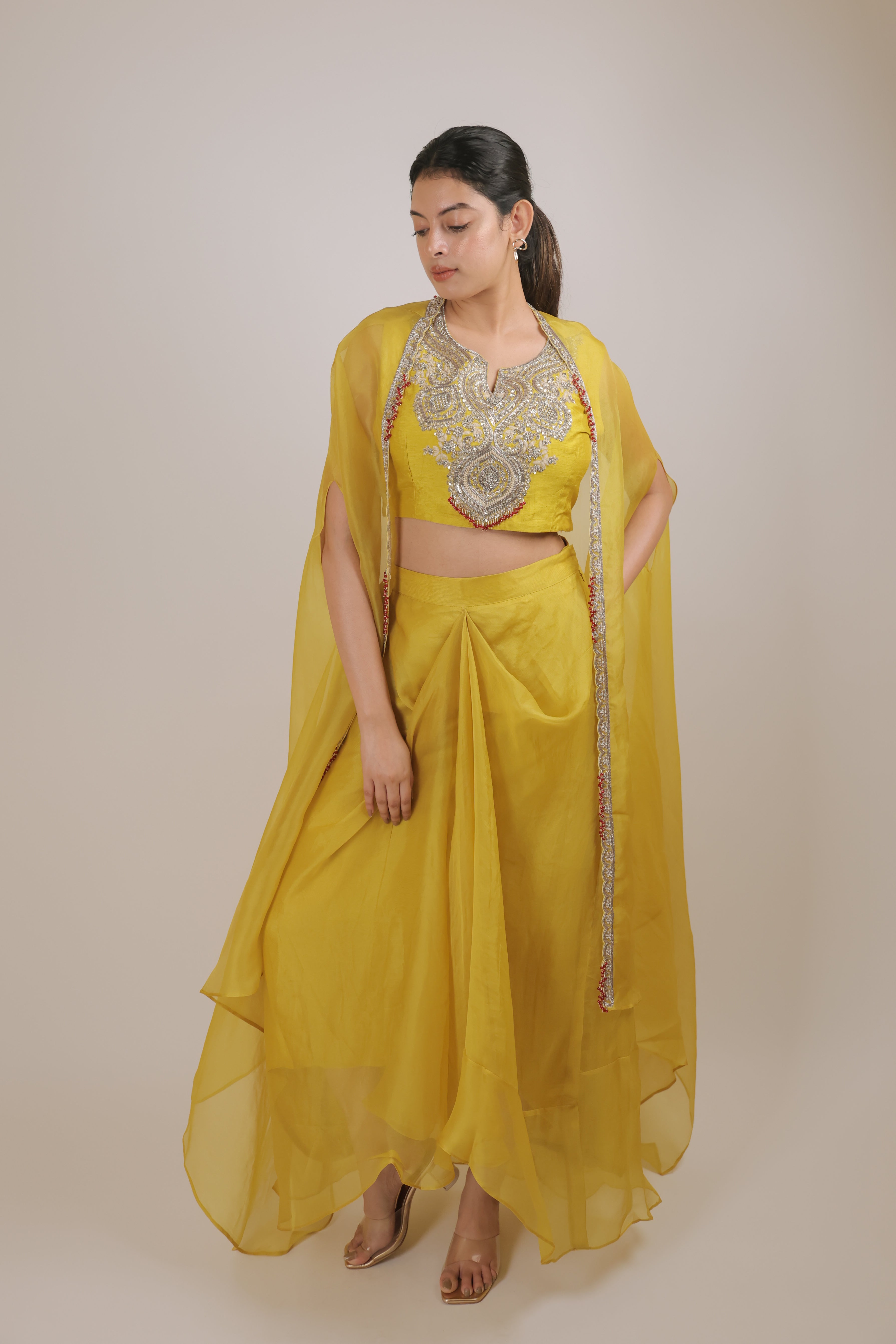 Mustard kora cape with pleated skirt